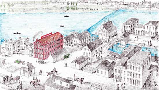 The Williams & Orton wire rope making factory in Sterling, Ill., stands out (in red) against the backdrop of the Rock River, with it’s weir for power generation. The township of Rock Falls was on the opposite side. When John Charter was president of Williams & Orton, he led the company into gas engine manufacture. 